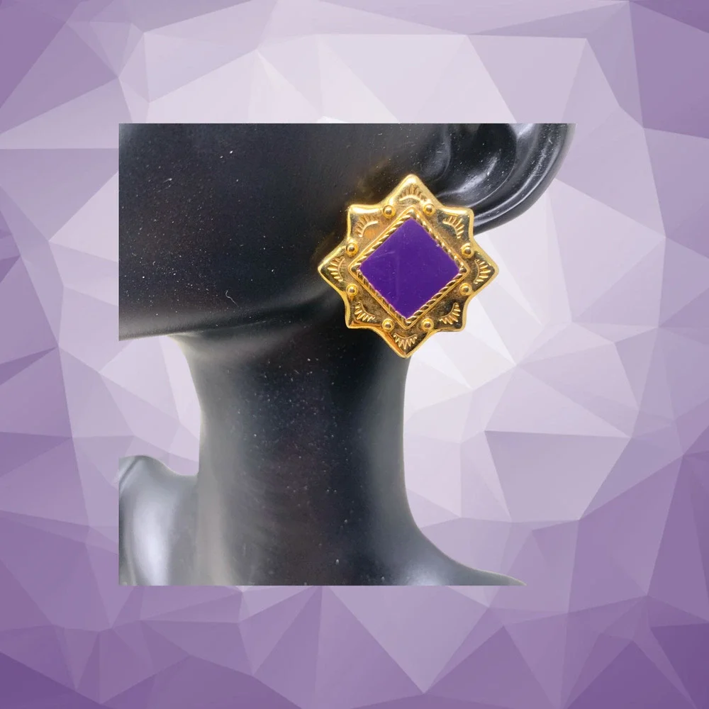 Vintage 1980's Gold Tone Star Purple Enamel Earrings Clip On Carded